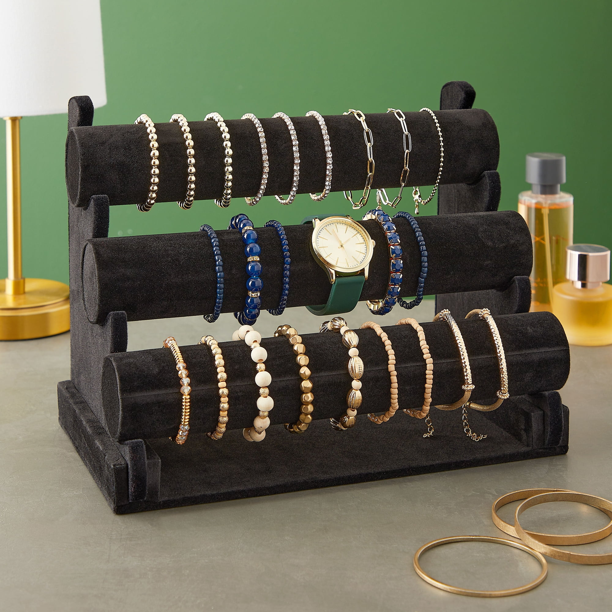 Bracelet Holder with Three Tier Rack Storage Holder Velvet Wood Bracelet  Stand