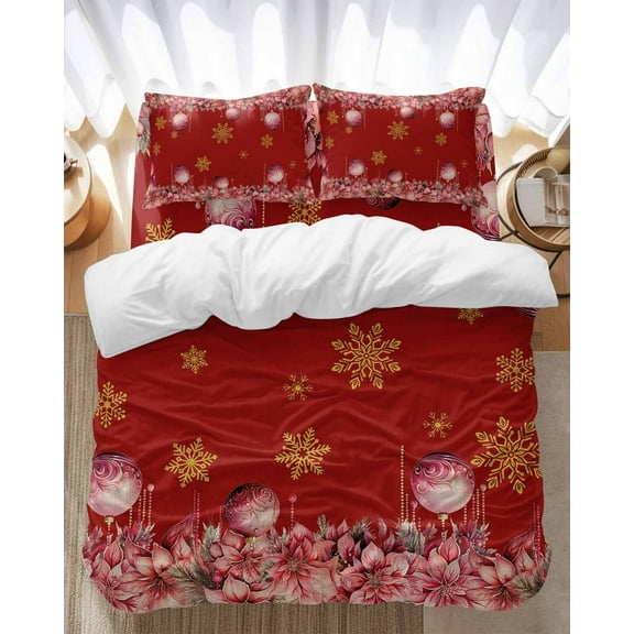 Pink Christmas Bedding Duvet Cover Set Full Size 4 Pieces Balls Poinsettia Floral Winter Snowflake Red Bedding Set with Zipper Closure, 1 Comforter Cover 86x86 Inches 1 Flat Sheet & 2 Pillow Cases