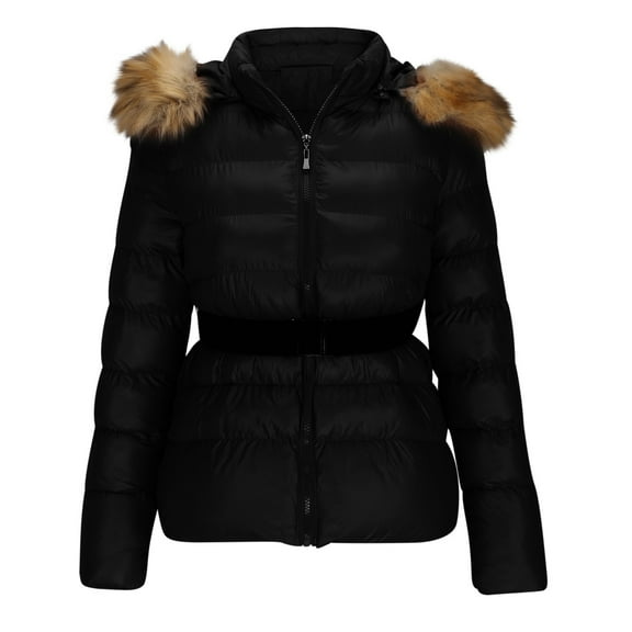 hoksml Women's Short Puffer Jacket with Detachable Faux Fur Hood Waist Belt Casual Oversized Winter Coat Fashion Down Jacke