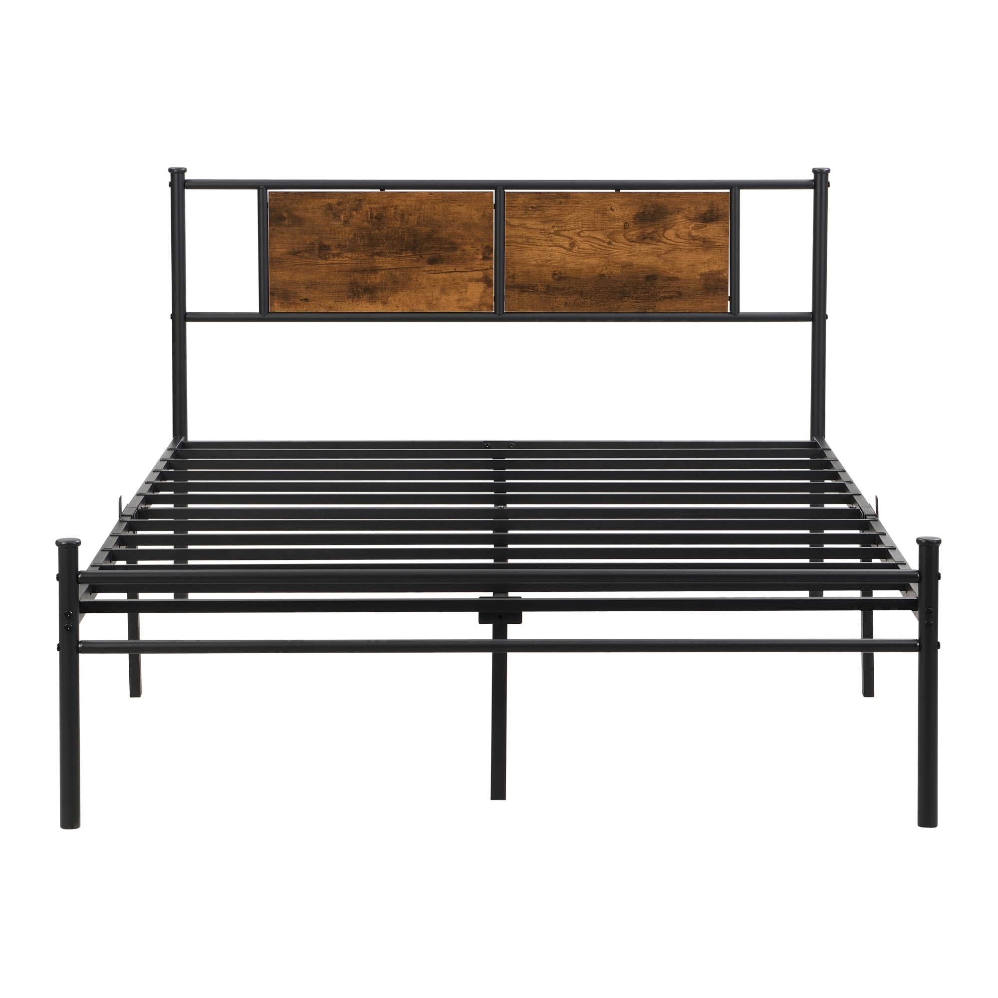 Leumius Full Size Bed Frame, Industrial Metal Platform Bed with Wooden Headboard,Black+Brown