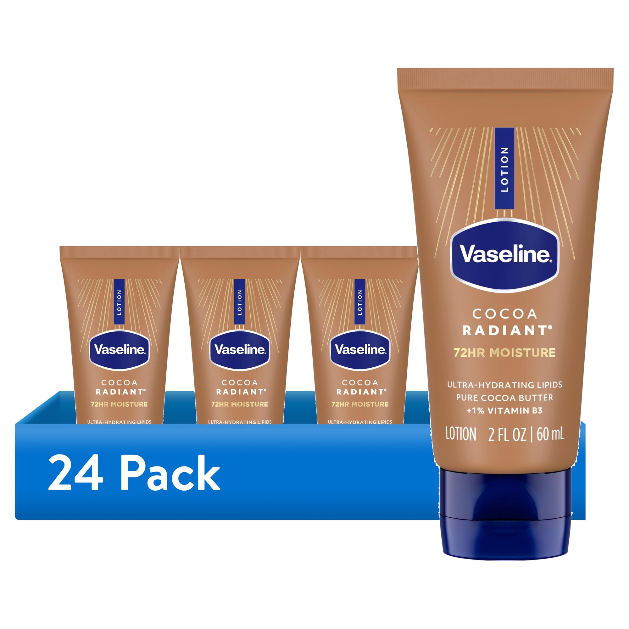 (24 pack) Vaseline VICL Cocoa Radiant Body Lotion for Dry Skin Cocoa Radiant Lotion Made with Ultra-Hydrating Lipids and Pure Cocoa Butter for a Long-Lasting, Radiant Glow 2 fl oz