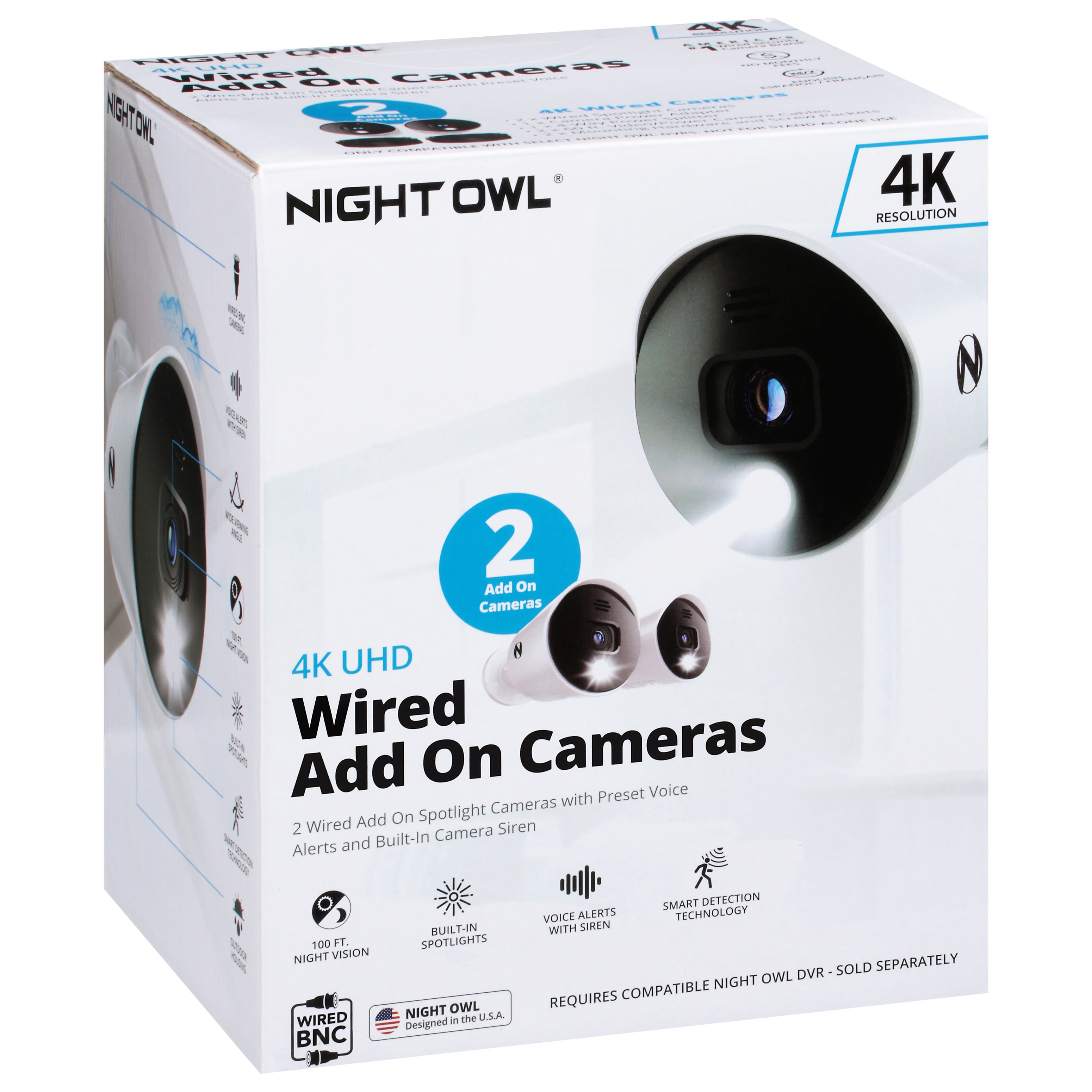Night Owl CAM‑2PK‑DP8LSA – 4K UHD Wired Spotlight Bullet Cameras Audio Enabled / Night Vision, 2 Pack
