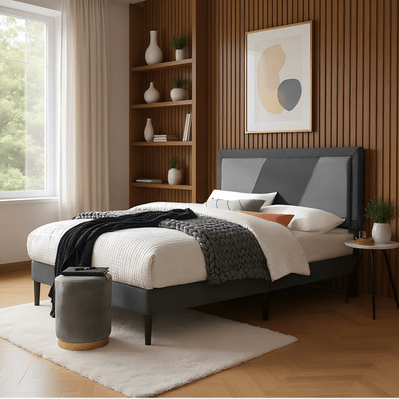 Gewnee Queen Size Platform Bed Frame with Upholstered Headboard and wood slats support.No Box Spring Required(Gray)