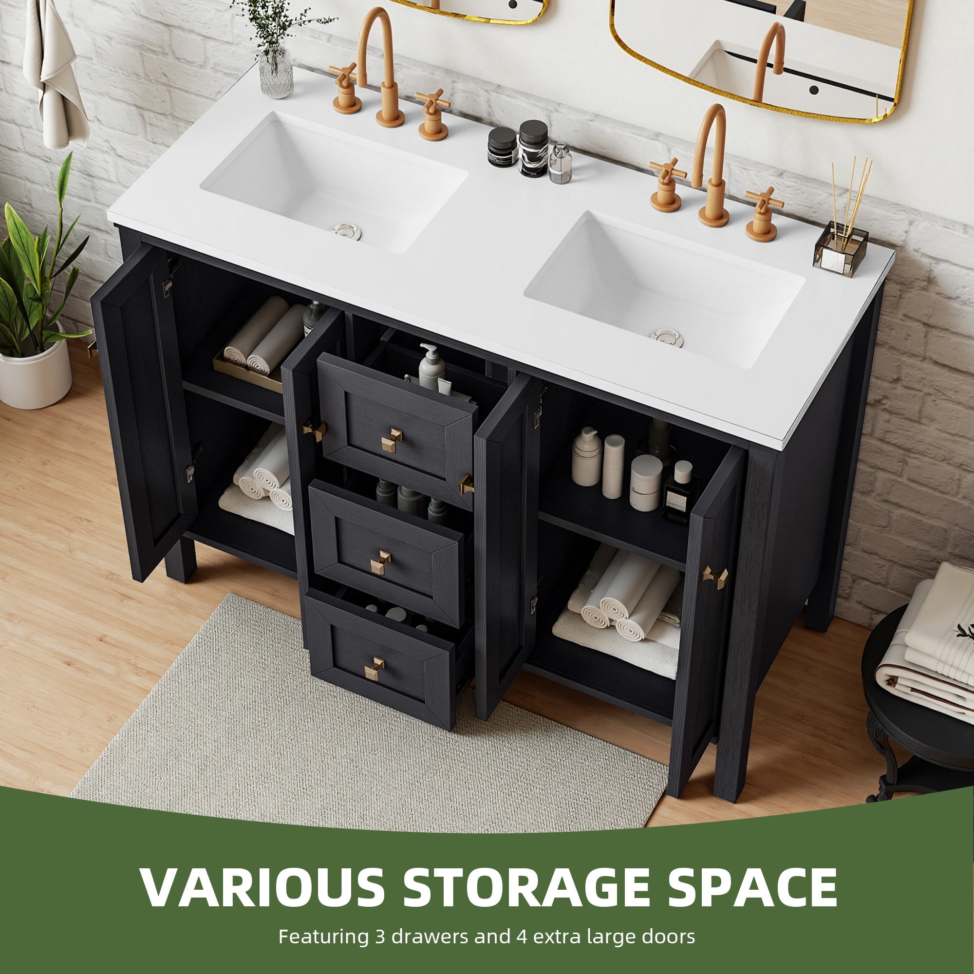 Uforic 47 Inch Bathroom Vanity with Double Sink, Retro Style, Sintered Stone Countertop, 4 Doors & 3 Drawers, 6 Pre-drilled Faucet Holes, Black