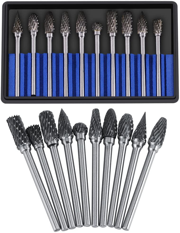Carbide Burr Set 10 Pieces Cutting Burrs Double Cut Carbide Rotary Burr Set 1/8 1/4 Head Size Shank Wood Carving Drill Bits Tungsten Bit Set for Woodworking Drilling Carving Engraving Polishing 