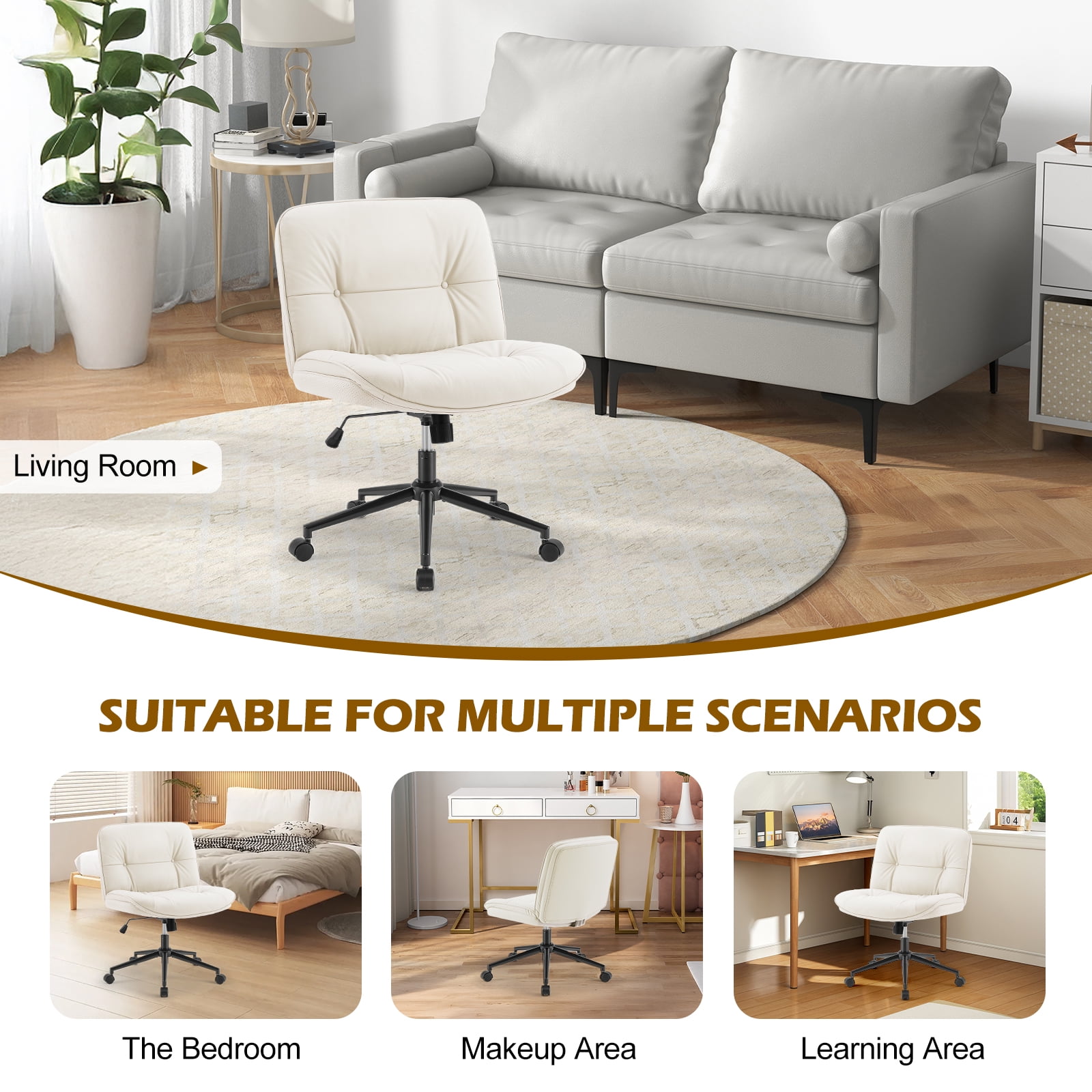 GIANNA Armless Office Desk PU Leather Wide Seat with Wheels, Criss Cross Legged Chair, Height Adjustable, Swivel, For Home Bedroom Office - Beige