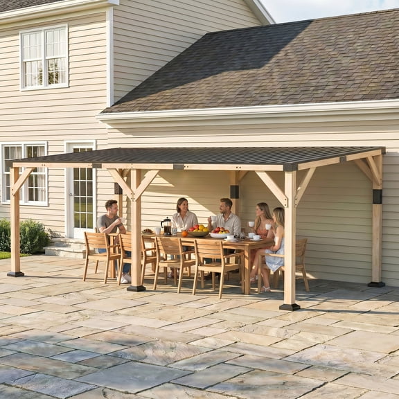 Outsunny 10' x 20' Wooden Gazebo, Hardtop Lean-to Gazebo Pergola with Galvanized Steel Sloped Roof, Large Heavy Duty Awning, Light Walnut