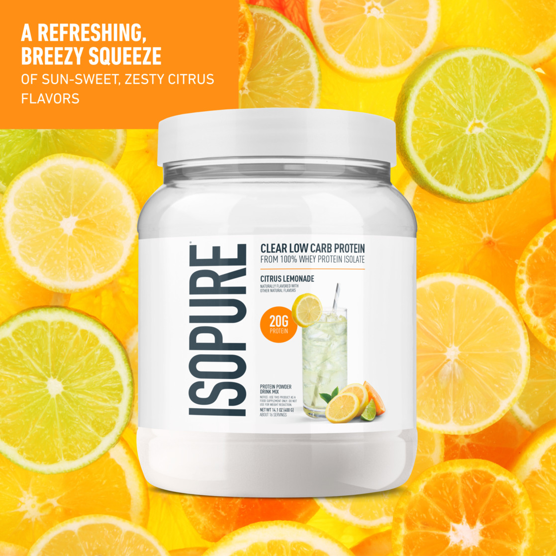 Isopure Clear Low Carb 100% Whey Protein Isolate Powder, Citrus Lemonade, 20g Protein, About 16 Servings