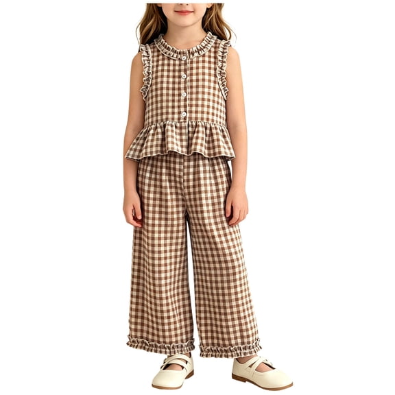 Zpanxa Girls Short Sets Girls Plaid Sleeveless Top and Wide Leg Pant Set Two Piece Casual Ruffle Outfit Kids Brown 8 Years
