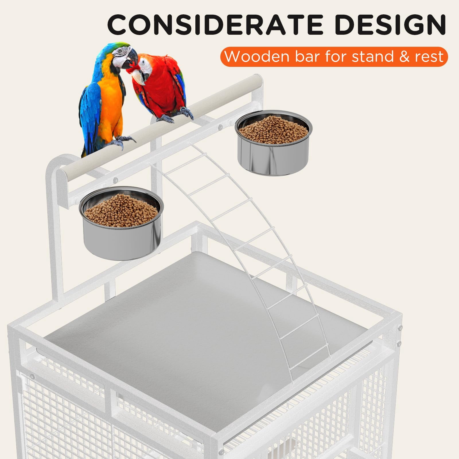 Large 60" Wrought Iron Bird Flight Cage with Rolling Stand & Play Top – Heavy Duty Parrot Cage with 4 Stainless Steel Bowls for African Grey, Cockatiel, Conure, Parakeet, White