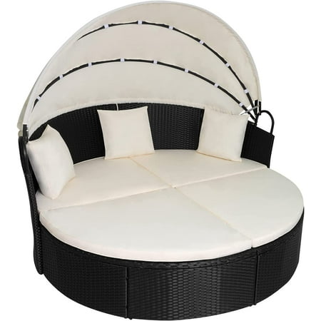 Outdoor Round Daybed Wicker Patio Furniture Outdoor Furniture with Retractable Canopy Rattan Separated Seating Sectional Sofa Khaki Washable Cushioned and Three Pillow for Patio Backyard Porch Pool INCOMPLETE