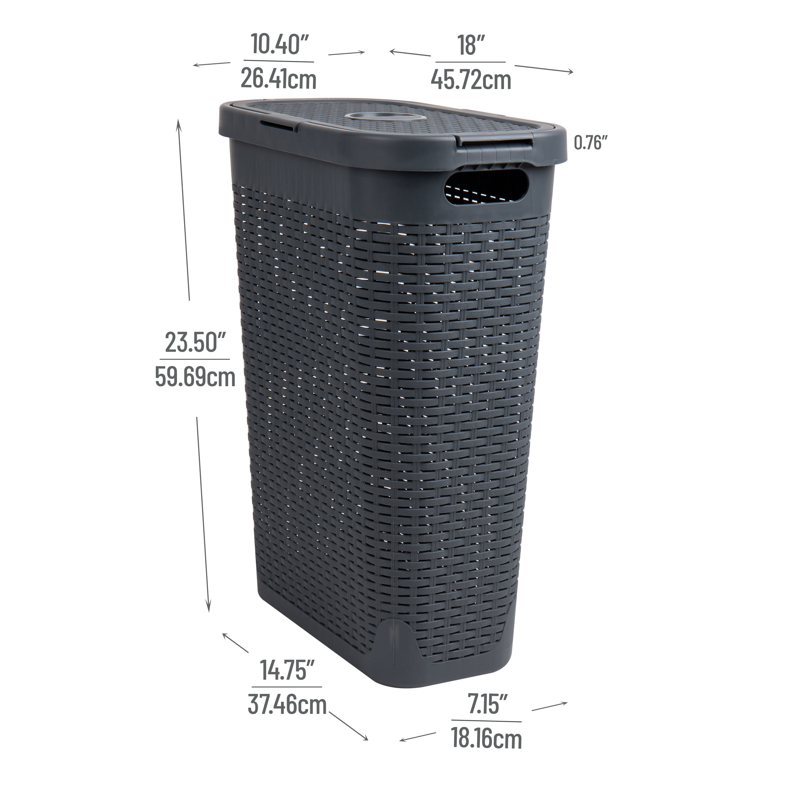 Mind Reader 40L Slim Laundry Hamper, Clothes Basket, Lid, Plastic, 18"L x 10.4"W x 23.5"H, Gray