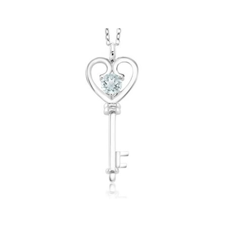 Blue Agate Round Pendant - 0.40 Ct Round Sky Blue Aquamarine Sterling Silver Heart Key Pendant With Chain