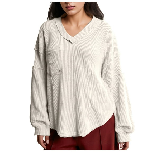 BLVB Women's Long Sleeve Shirts Oversized Tunic Tops Trendy V Neck Pullover Fashion Clothes Outfits