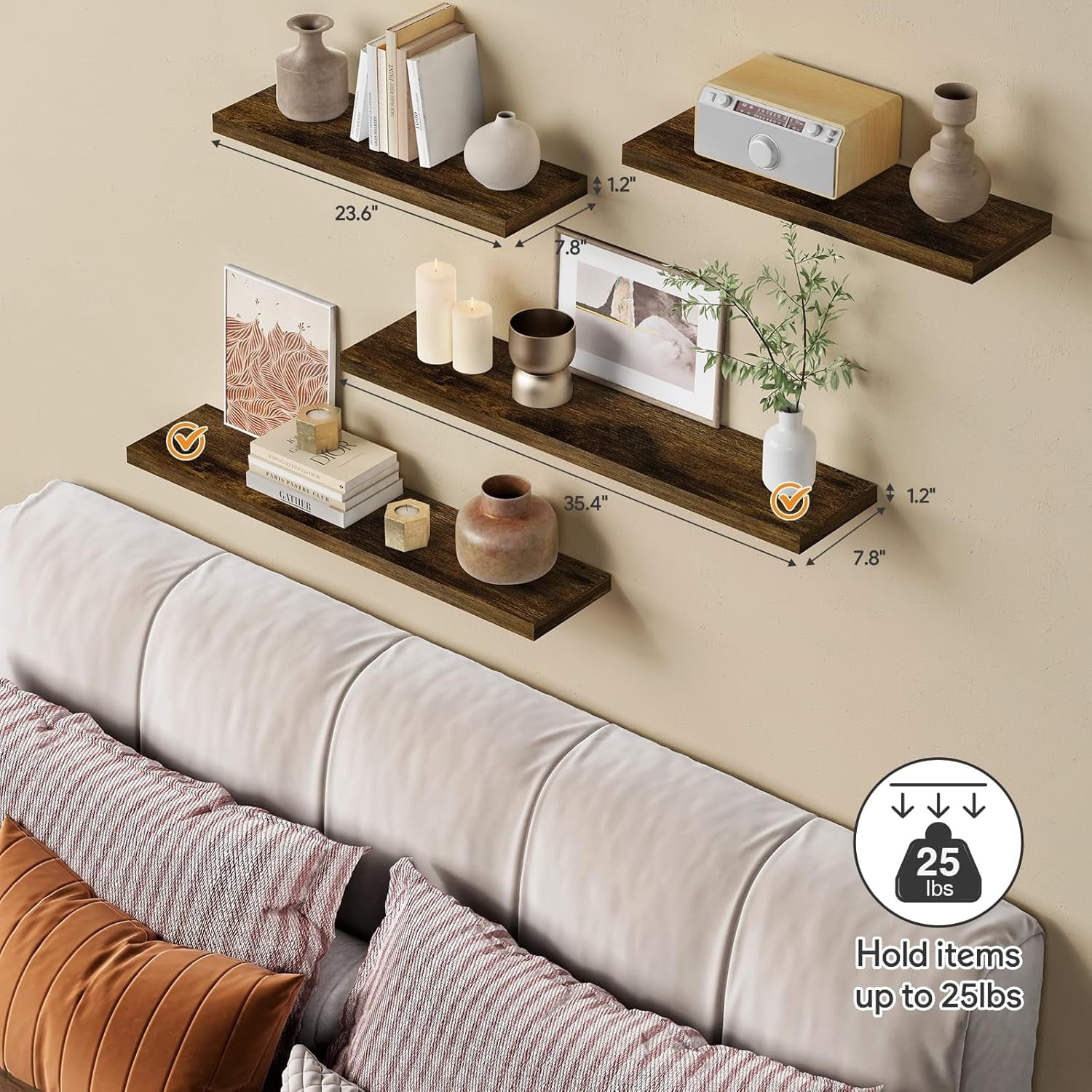 36 Inch Floating Shelves for Wall Long Set of 3, Large Deep Wall Shelves for Bedroom Living Room Decor, Rustic Wood Floating Shelf for Kitchen Closet Office TV Plants Books (Dark Brown)