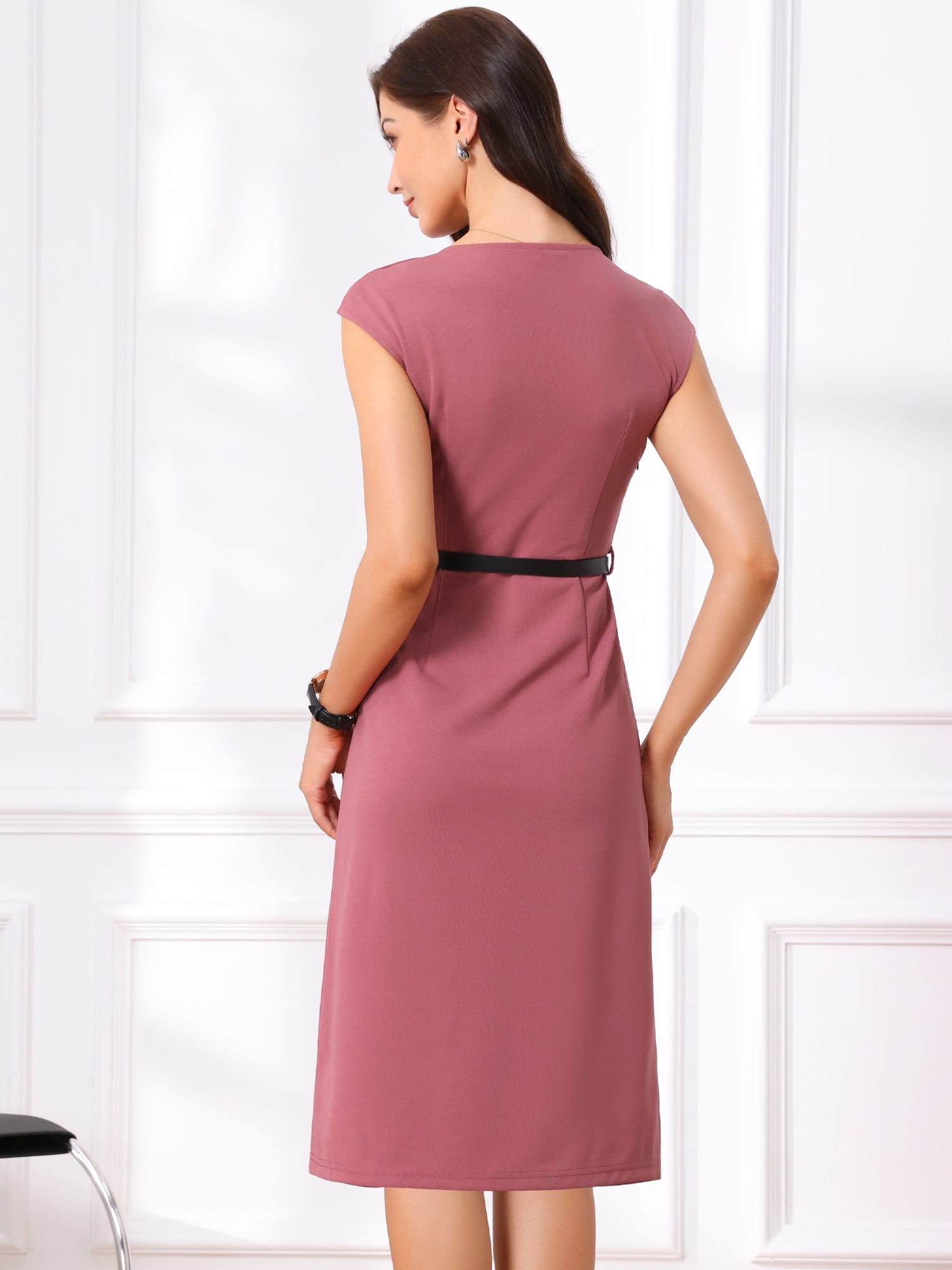 DARING DIVA Women's Work Elegant 2026 Cap Sleeve Belted Office Sheath Dress M Dark Pink