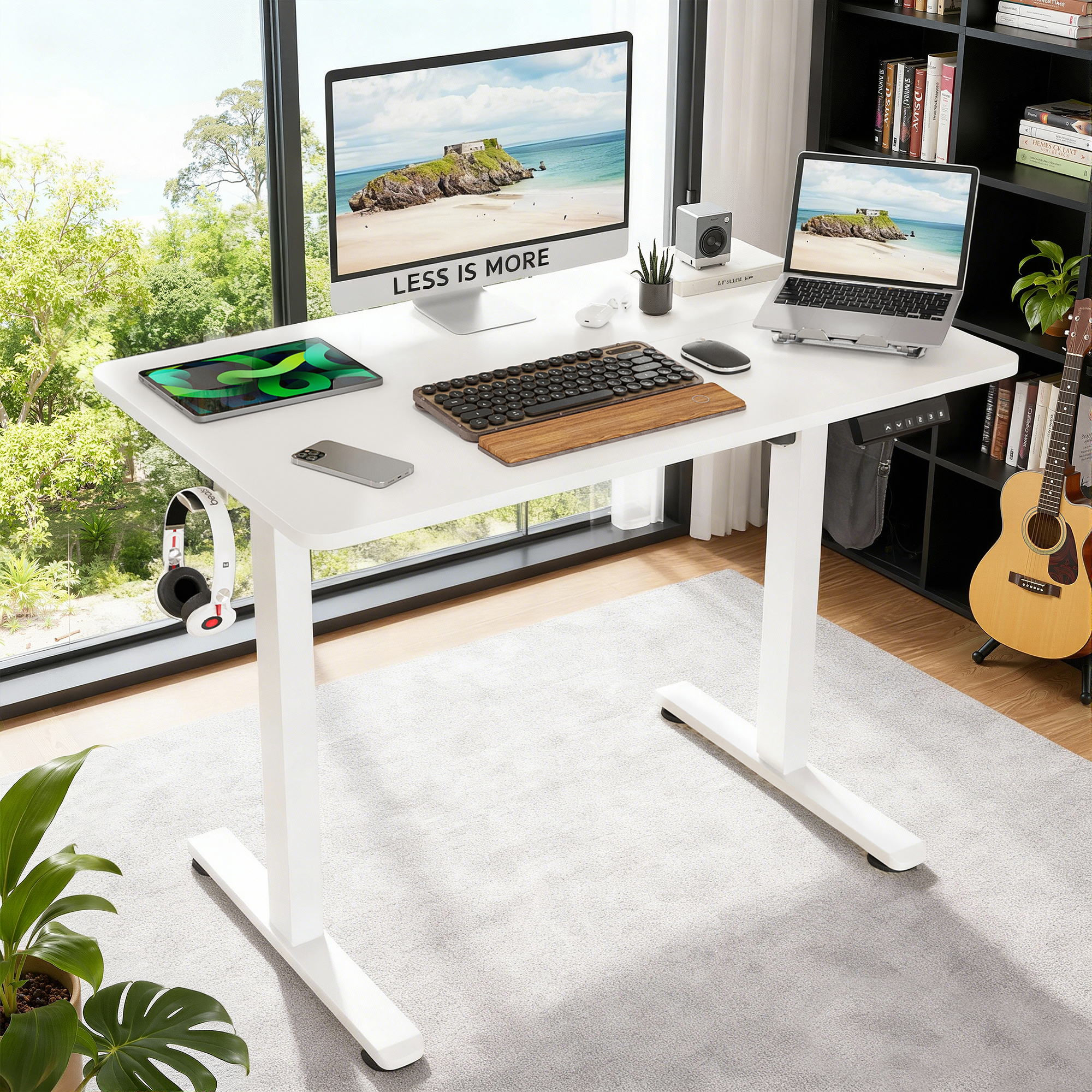 MAYEERTY 40×24" Electric Height-Adjustable Desk, Sit Stand Desk with Side Hooks for Home & Office, White