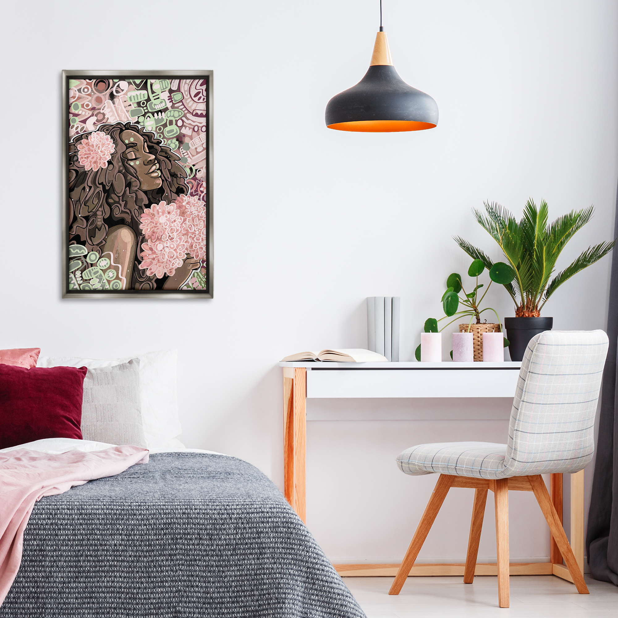 Stupell Industries Expressive Patterned Woman Novelty Painting Gray Floater Framed Art Print Wall Art, 21 x 31