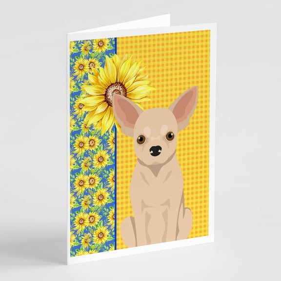 Summer Sunflowers Fawn Chihuahua Greeting Cards and Envelopes Pack of 8 7 in x 5 in