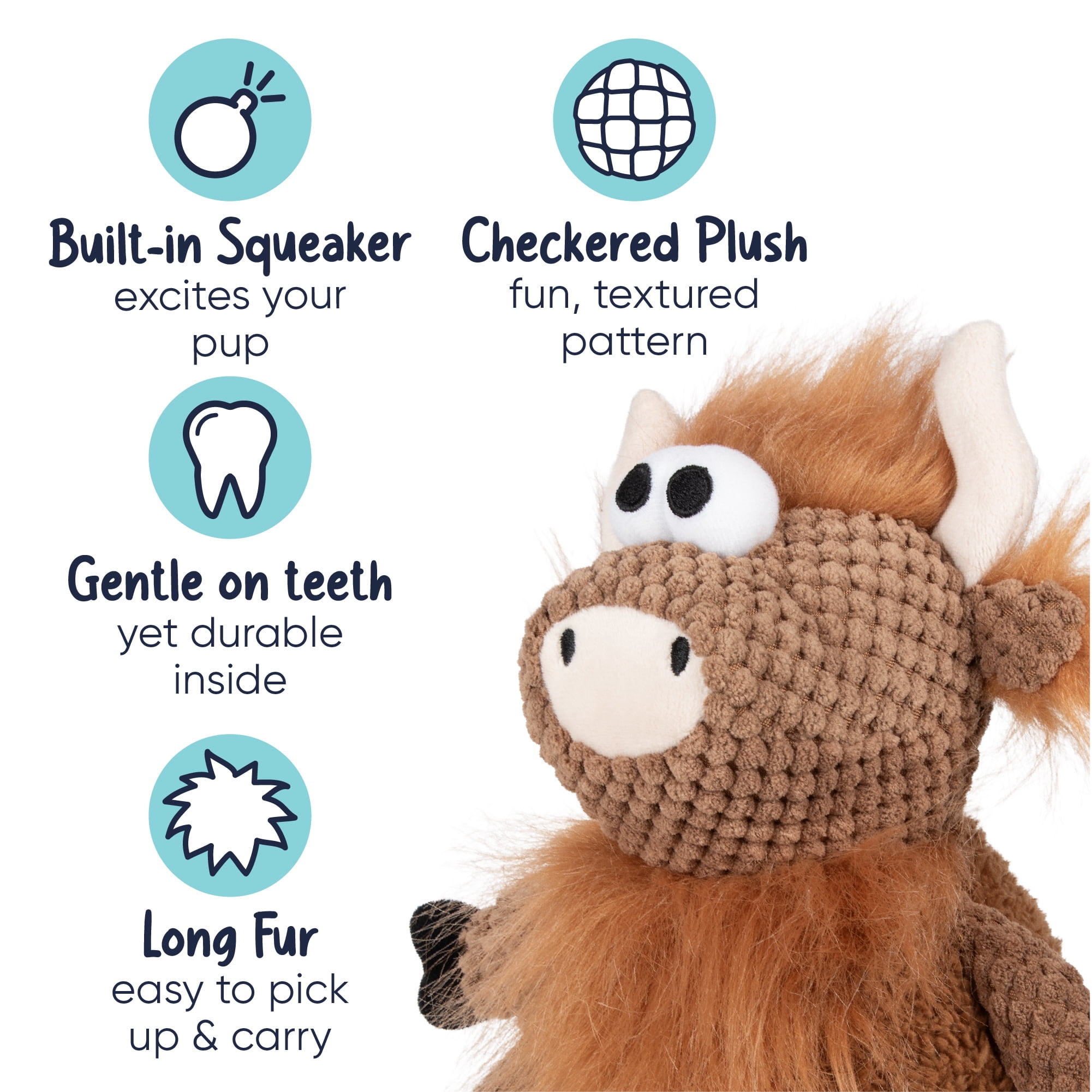 goDog Checkers Sitting Highland Cow Hank Plush Squeaky Dog Toy with Chew Guard Technology