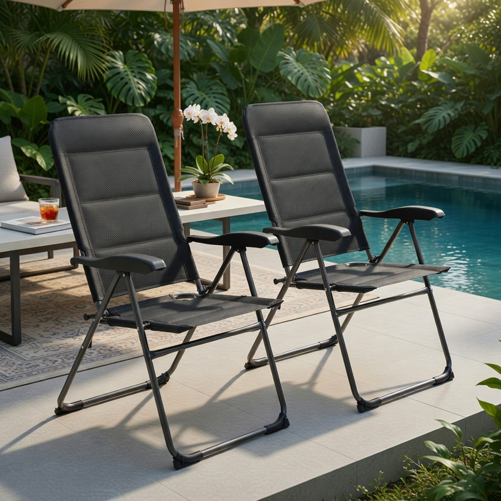 Hommoo 2-Pack Foldable Outdoor Patio Chairs with 7-Position Adjustable Backrest, Heavy-Duty Steel Frame, Breathable Oxford Fabric, for Backyard, Bistro, Pool & Camping, Black