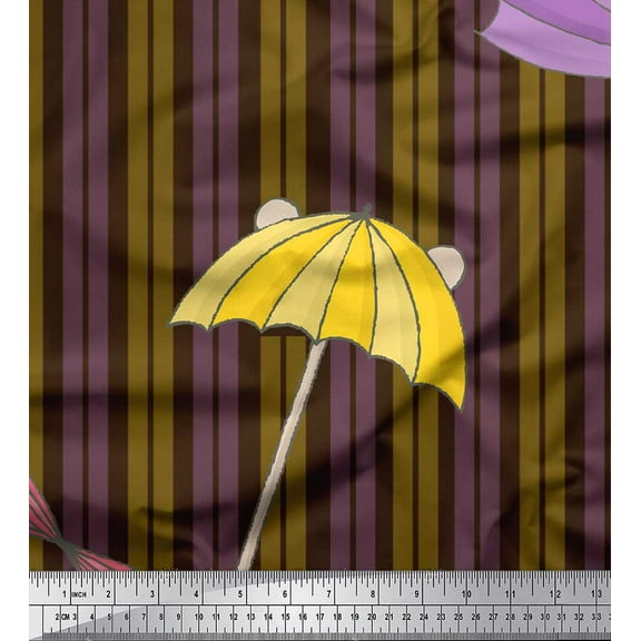 Soimoi Brown Cotton Voile Fabric Umbrella & Stripe Print Sewing Fabric Yard 42 Inch Wide