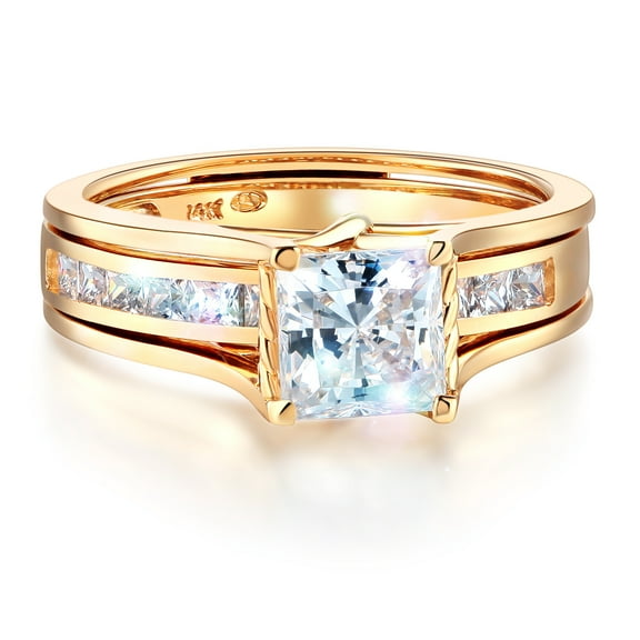 Wellingsale Ladies Solid 14k Yellow Gold Polished CZ Cubic Zirconia Princess Cut Engagement Ring with Side Stones and Wedding Band Two Bridal Set - Size 4