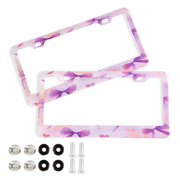 Aluminum License Plate Frame 2 Pack Car Exterior Accessory Car Tag Holder for Front Rear Plates Cars Decor Watercolor Purple Bows