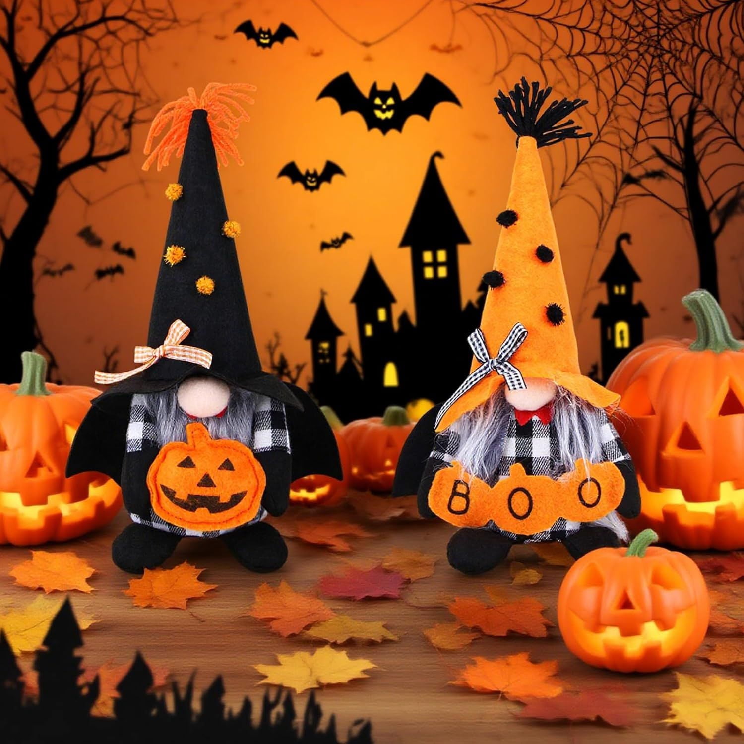 2 PCS Halloween Gnomes Plush Decor,Handmade Pumpkin Bat Ornaments Swedish Tomte Gnome Nisse Scandinavian Ornaments Elf Dwarf for Home Halloween Day Party Table Decorations