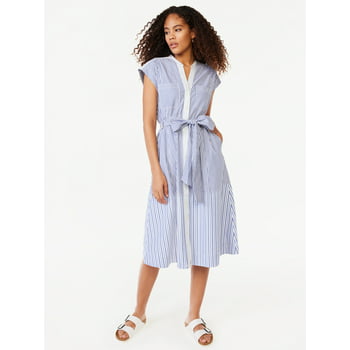 Free Assembly Women's Belted Midi Shirt Dress with Short Sleeves, Sizes XS-XXXL