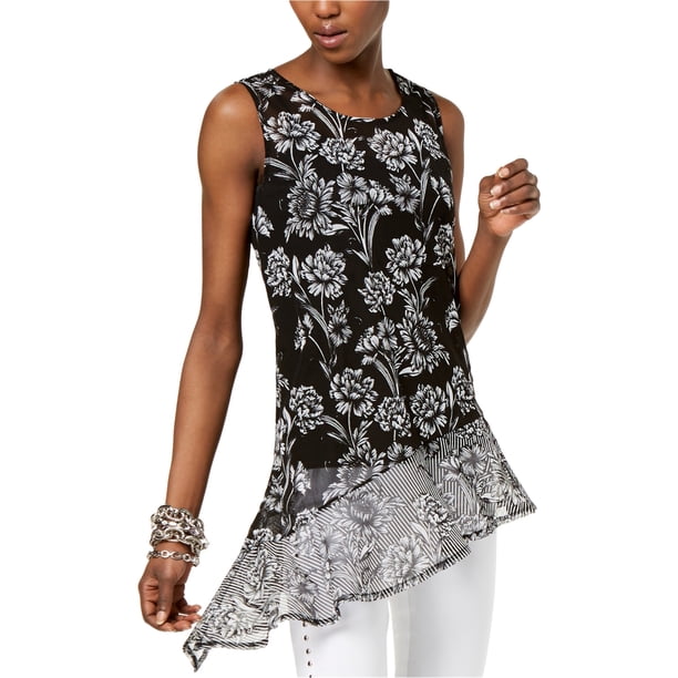 INC Blusa sin mangas con dobladillo con volantes para mujer, negro, mediano
