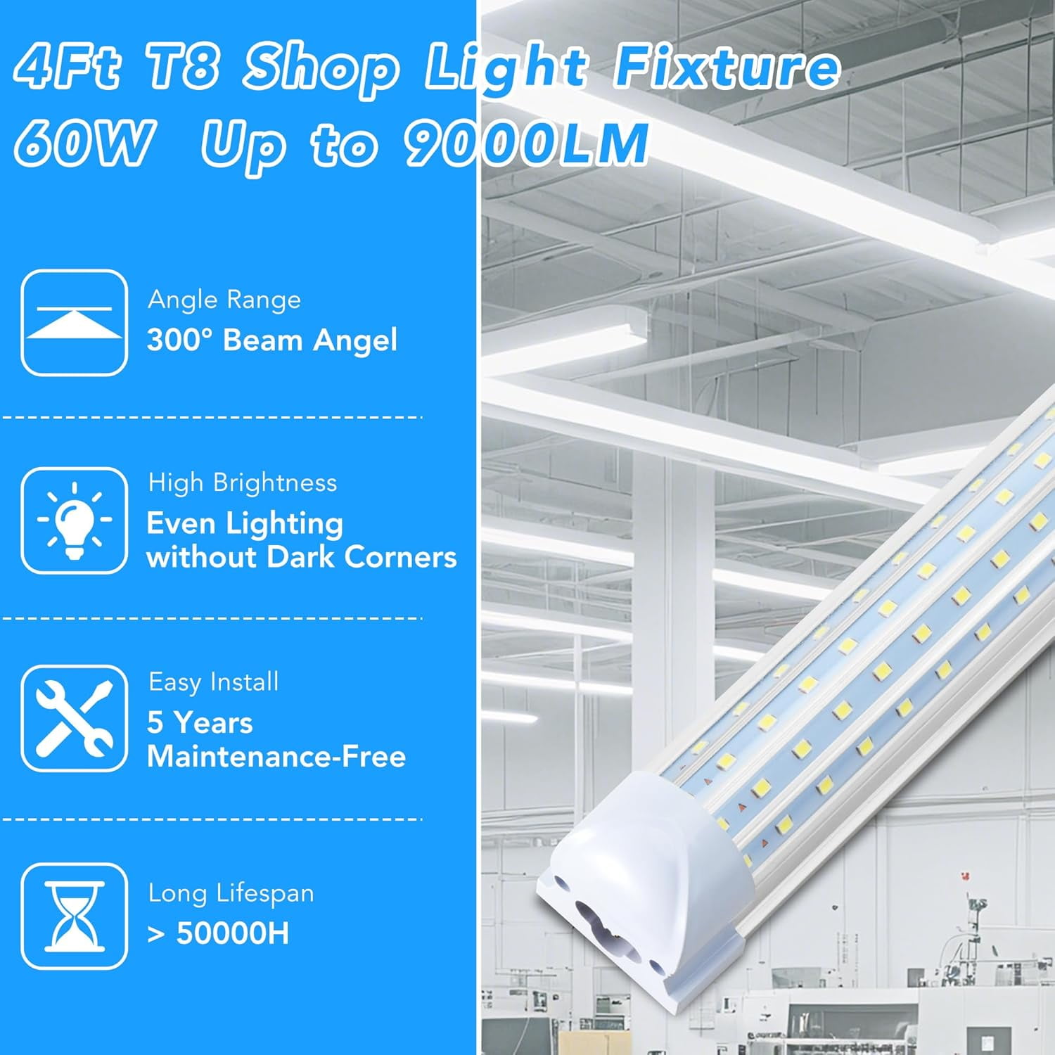 T8 4ft LED Shop Light Fixtures,Linkable, U Shape 4Rows, 60W 6000K Cold White,6Pack