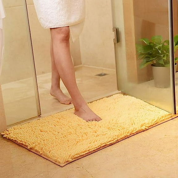 Nvzi Plush Chenille Bath Rugs Extra Soft and Absorbent Microfiber Shag Rug, Non-Slip Runner Carpet for Tub Bathroom Shower Mat Beige Yellow 16" X 24"