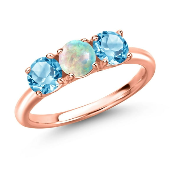 Gem Stone King 18K Rose Gold Plated Silver Simulated White Opal and Swiss Blue Topaz Engagement Ring for Women | 1.80 Cttw | Round Cabochon 5MM | Gemstone October Birthstone | Size 9