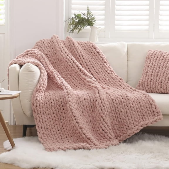 MY Chunky Knit Blanket Throw 50"×60" Knitted Throw Blankets for Couch Bed Fluffy Soft Blanket with Jumbo Chenille Yarn Thick 100% Handmade (Pink)
