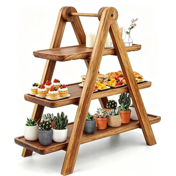 Wood 3 Tier Serving Tray - Rectangle Cupcake Stand with Platters for Party, Dessert, Charcuterie Display