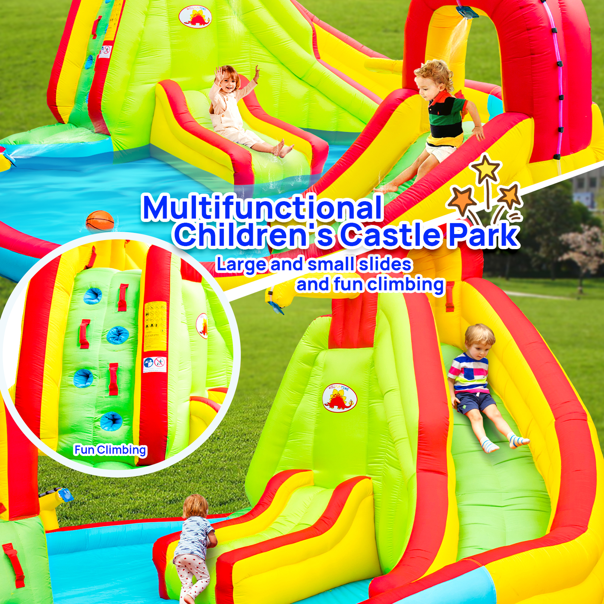 WELLFUNTIME Inflatable Water Slide Bounce House for Kids, Water Park with Blower, Splash Pool for Kids Backyard