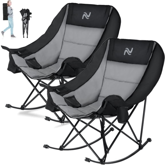 ABORON Oversized Rocking Camping Chair, 2-Pack Folding Camping Rocker Chair, Fully Padded Patio Chair with Cooler Bag and Side Pocket, Portable Outdoor Recliner Chair, Lawn Chairs with Carrying Bag