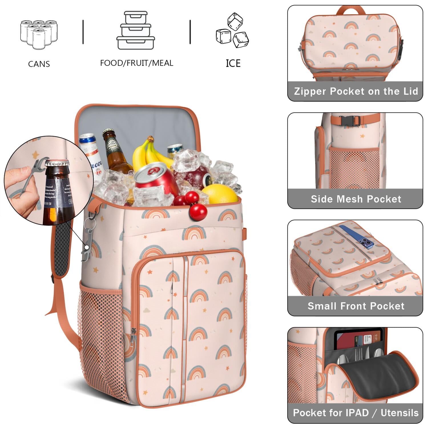 Camping Cooler Backpack 26 Cans,Insulated Backpack Insulated Leak Proof Travel Cooler Bag Waterproof Lunch Picnic Beach Work Trip Thermal Bag Drink Beverage Beer Bag Cooler Rainbow Cartoon