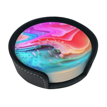 

Round Pu Leather Coaster Colorful Abstract Lava Background Heat - Resistant Beverage Cup Mat-Fancy Decor For Kitchen Office Dining Room Table - Drink Protector 6-Slice