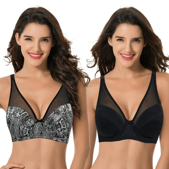 Curve Muse Women's Plus Size Minimizer Unlined Underwire Full Coverage Bra-2 Pack-Cream Printed,Black (Size:34B)