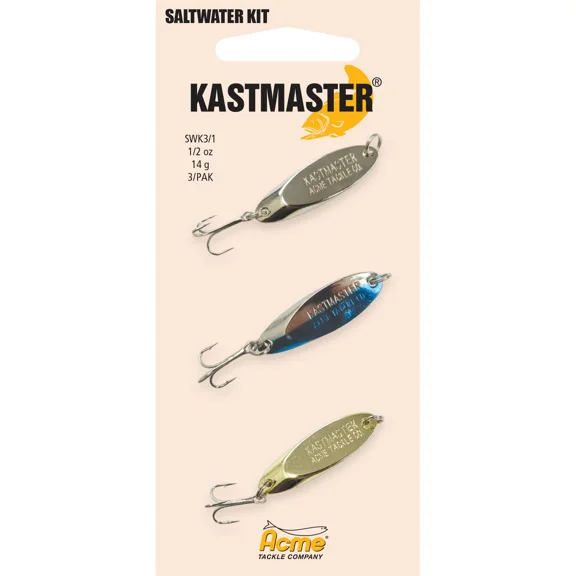 Acme Tackle Kastmaster Fishing Spoon Spoon Kit 1/2 oz., Chrome, Chrome Neon Blue, Gold 3 Pack