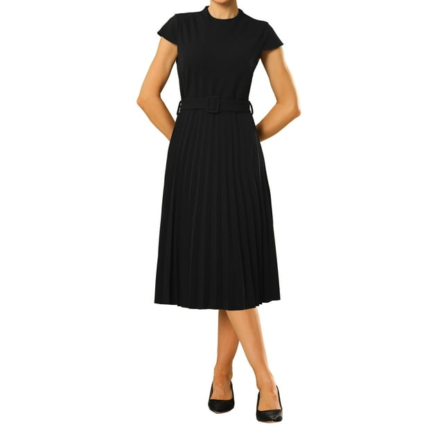 Vestido plisado de mujer Inspire Chic con cuello simulado, mangas cortas, cinturón y corte A, talla XL, color negro