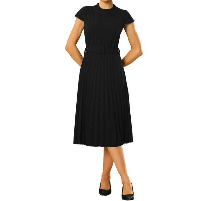 Vestido plisado de mujer Inspire Chic con cuello simulado, mangas cortas, cinturón y corte A, talla XL, color negro