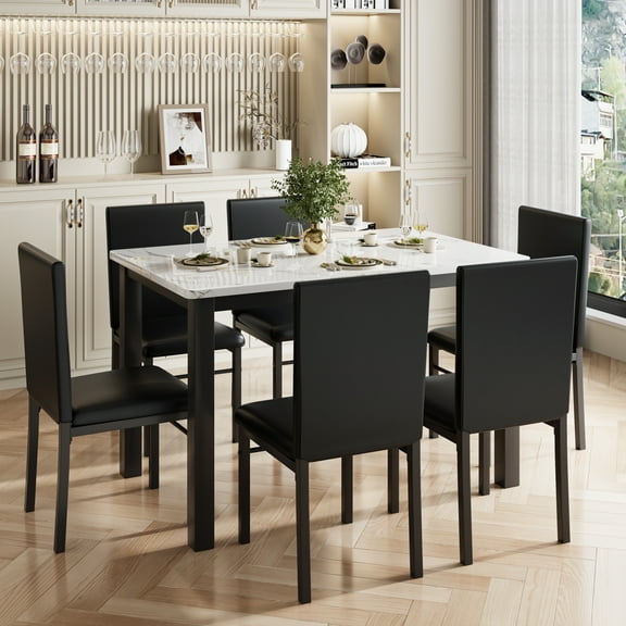 Vingud 7 Piece Dining Table Set for 6,Modern Dinner Kitchen Table Chairs Set of 6,Space-Saving Square Table for Small Apartments,Furniture with Metal Frame & MDF Board,White & Black