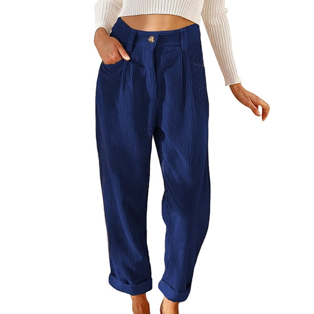 Pantalones de pana de cintura alta para mujer - Pantalones informales rectos y holgados de color liso