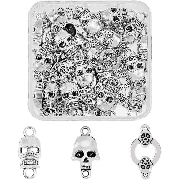 60Pcs 3 Styles Skull Pendants Links Tibetan Style Alloy Skeleton Pendants Connectors Halloween Skull Dangle Charms with Double Loop for DIY Crafts Jewelry Making Hole:1.5-4mm DIY