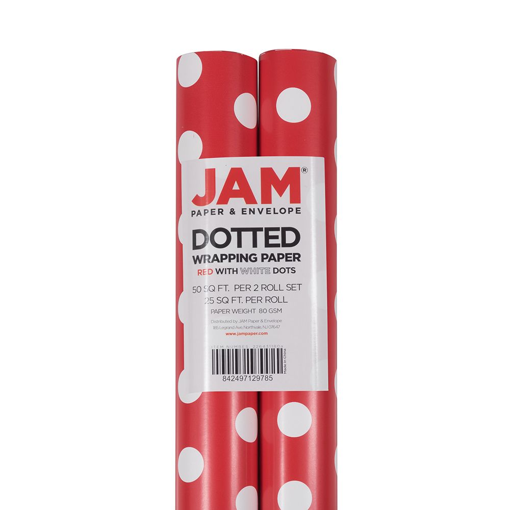 JAM Paper Polka Dot Wrapping Paper, 50 Sq. ft Total Red with White Dots, 2 Rolls