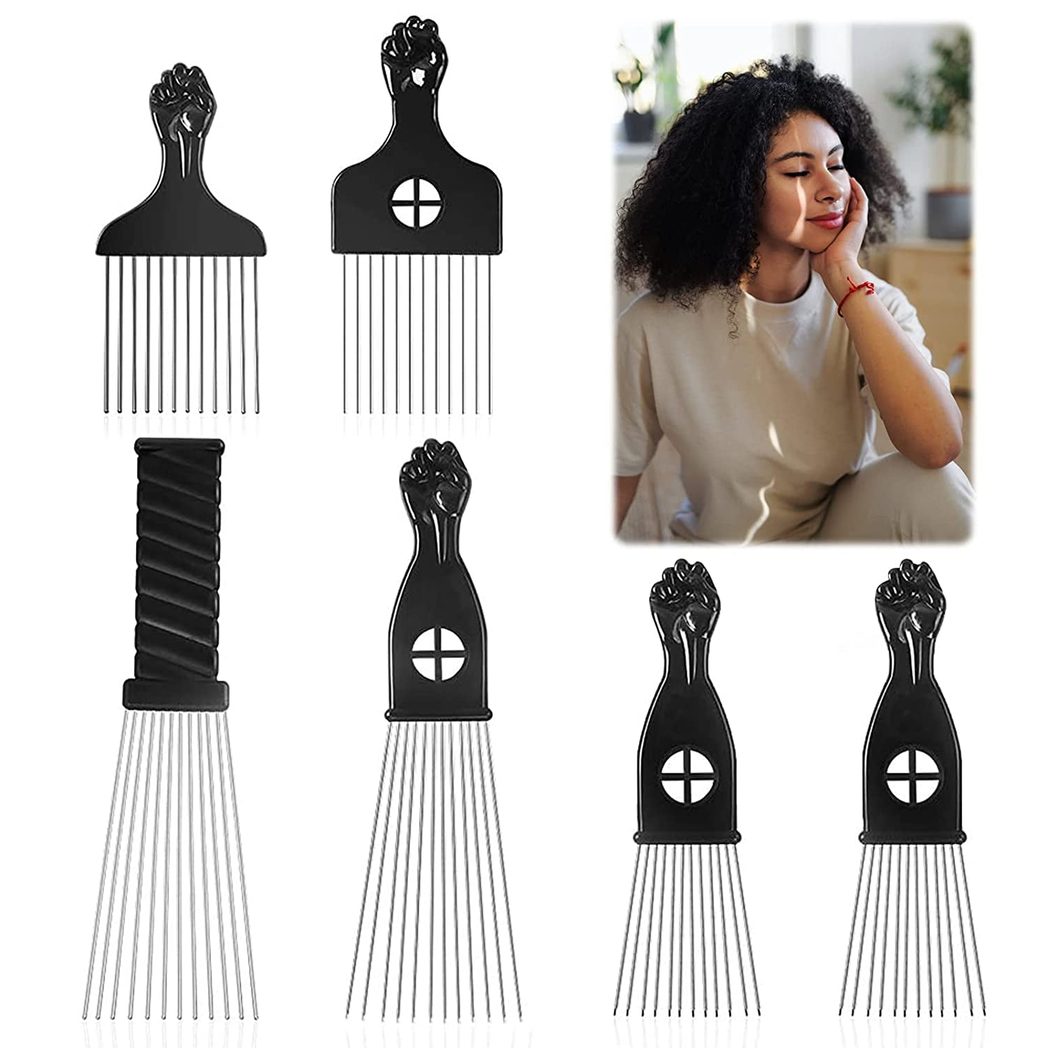 6 Pack Metal African American Afro Hair Comb Hairdressing Styling Tool Hair Pick with Black Fist