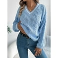 thumbnail image 2 of Women'S Long Sleeve V Neck Cable Knit Sweater 2025 Fall Pullover Top Cute Soft Dressy Casual Outfits Blue L, 2 of 8